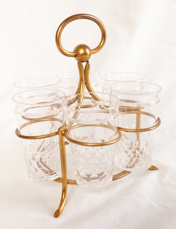 6 Baccarat crystal champagne glasses and their original gilt bronze support, Chauny pattern