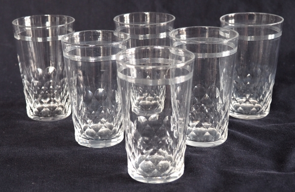 6 Baccarat crystal champagne glasses and their original gilt bronze support, Chauny pattern
