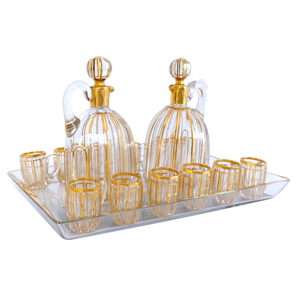 Service à liqueur en cristal de Baccarat doré modèle Cannelures - étiquette papier