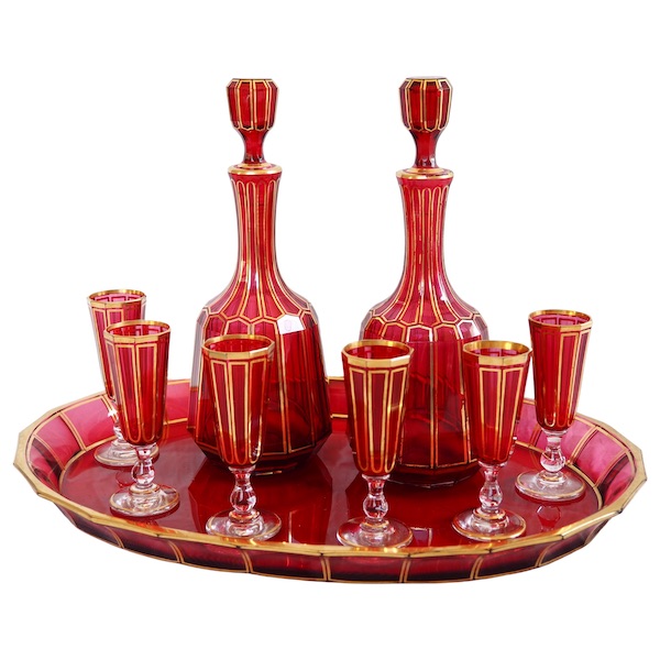 Baccarat crystal liquor set, red crystal enhanced with fine gold, Cannelures pattern - original sticker