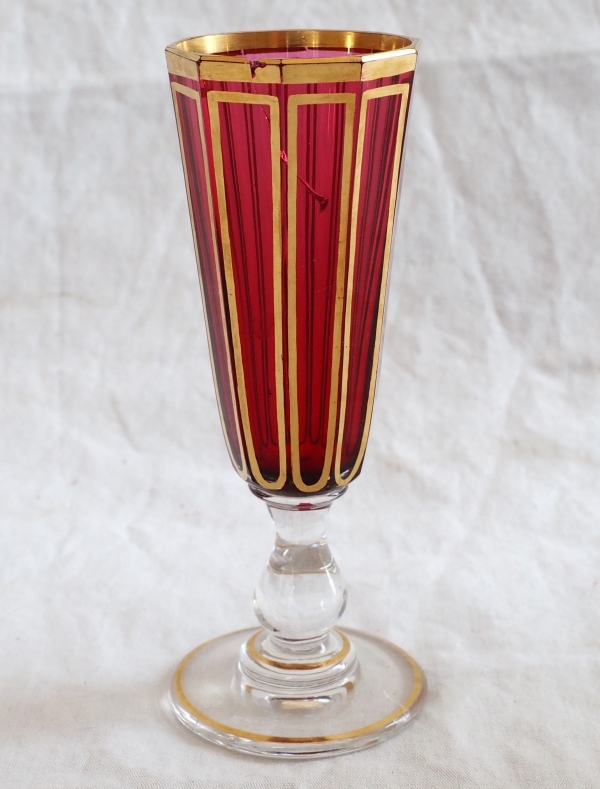 Baccarat crystal liquor set, red crystal enhanced with fine gold, Cannelures pattern - original sticker