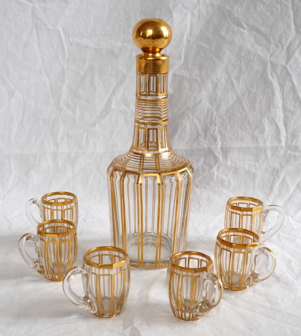 Baccarat crystal liquor set enhanced with fine gold, Cannelures pattern