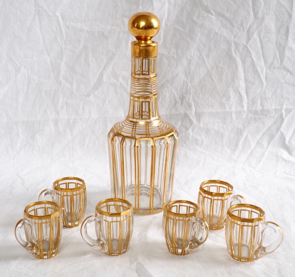 Baccarat crystal liquor set enhanced with fine gold, Cannelures pattern