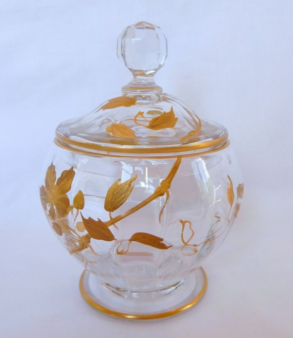 Sucrier Art Nouveau en cristal de Baccarat doré, étiquette papier