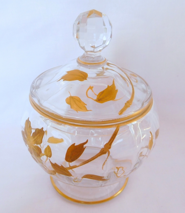 Sucrier Art Nouveau en cristal de Baccarat doré, étiquette papier