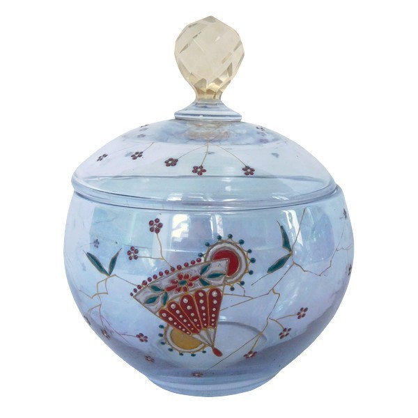 Baccarat crystal sugar pot, rare iridescent crystal, Japanese style enamelled