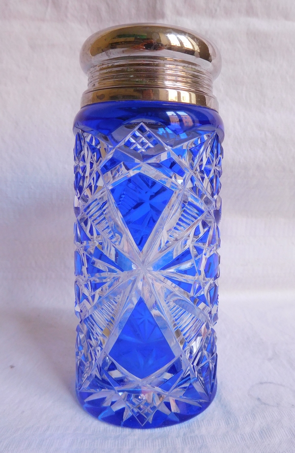Baccarat crystal sugar sifter, Lagny pattern, blue overlay crystal