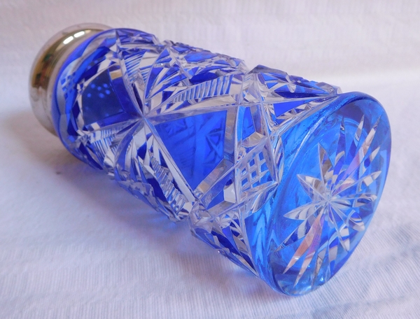 Baccarat crystal sugar sifter, Lagny pattern, blue overlay crystal