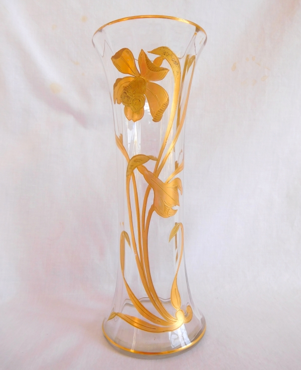 Tall St Louis crystal vase, green crystal enhanced with gilt iris decoration, Art Nouveau period
