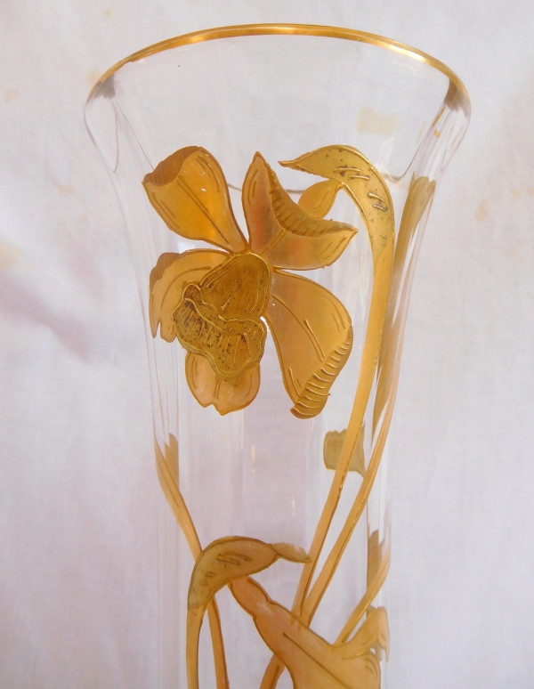 Tall St Louis crystal vase, green crystal enhanced with gilt iris decoration, Art Nouveau period
