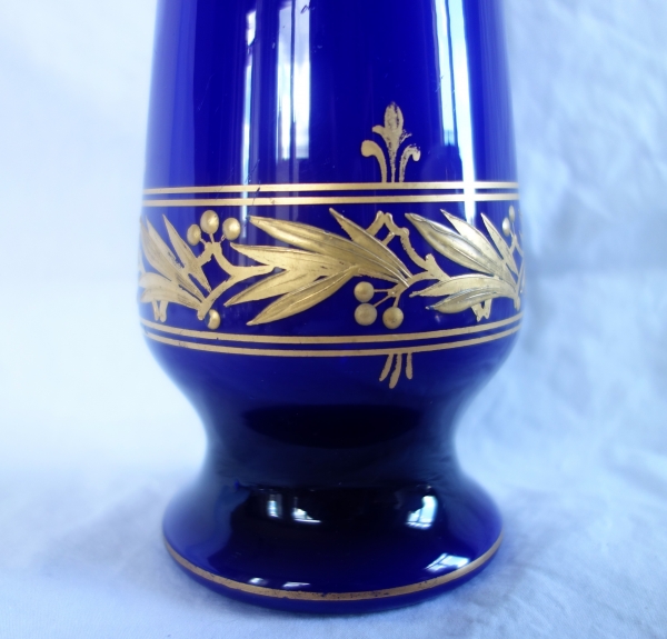 Baccarat - tall opalin and crystal vase, blue overlay cristal enhanced with fin gold - 25cm