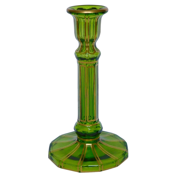 Green Baccarat crystal candlestick enhanced with fine gold, original paper sticker