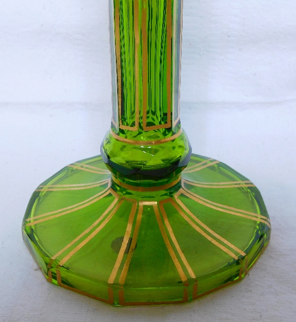 Green Baccarat crystal candlestick enhanced with fine gold, original paper sticker