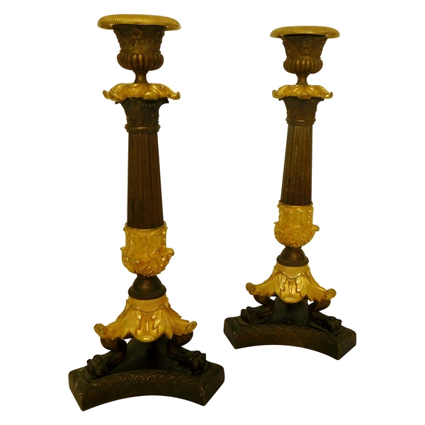 Pair of Empire tripod candlesticks (patinated bronze and ormolu), early 19th century circa 1830