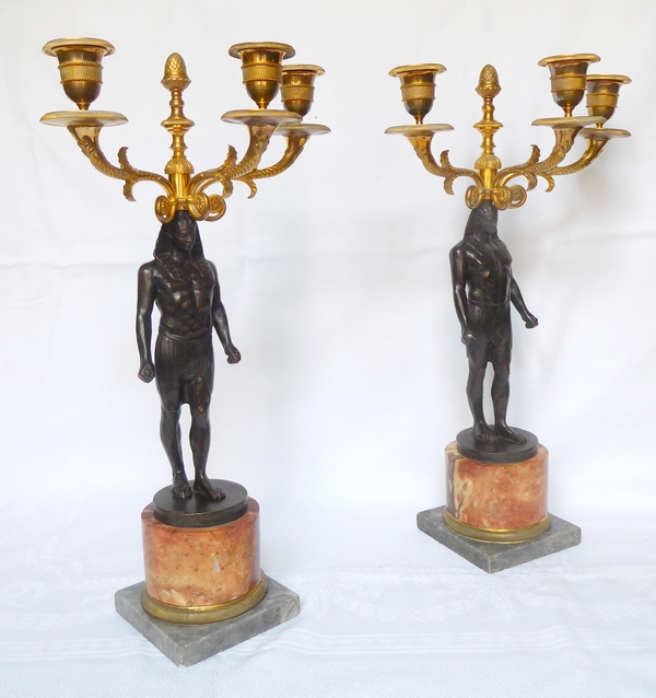 Pair of bronze and marble candelabras - pharaoh - Empire period, early 19th century