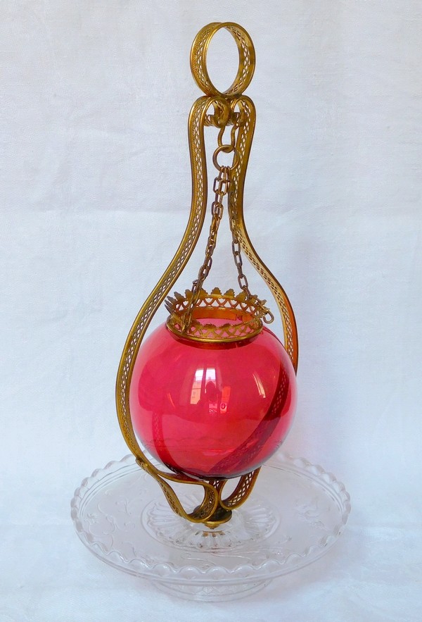 Baccarat crystal oil lamp, red and clear crystal, Renaissance pattern - signed