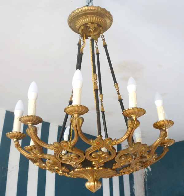 Large 10 lights patinated bronze & ormolu chandelier, 19th century circa 1840