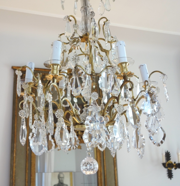 Lustre cage à 9 feux de style Louis XV, pampilles en cristal taillé de Baccarat