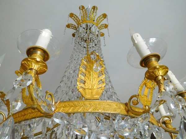 Grand lustre corbeille en cristal et bronze doré au mercure, époque Empire, 10 lumières
