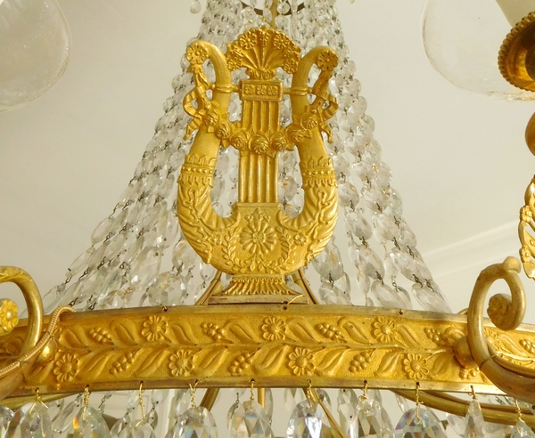Grand lustre corbeille en cristal et bronze doré au mercure, époque Empire, 10 lumières