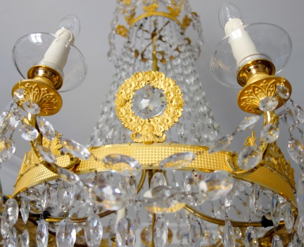 Grand lustre corbeille en cristal et bronze doré au mercure, époque Empire, 8 lumières