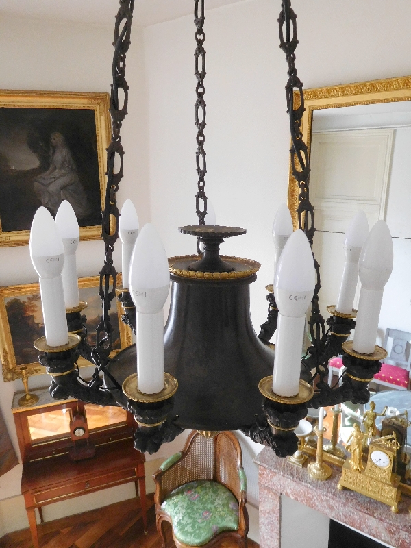 Large Empire chandelier, ormolu & patinated bronze - 9 lights - France circa 1820-1830