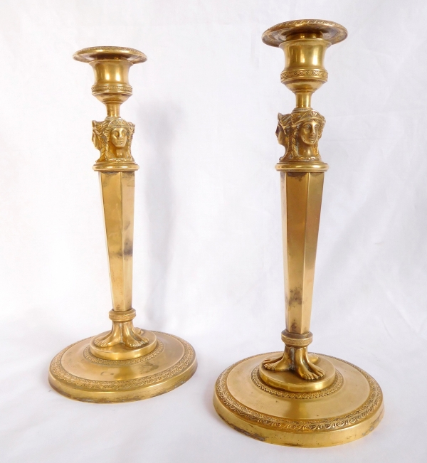 Pair of Empire / French Consulate ormolu candlesticks, early 19th century
