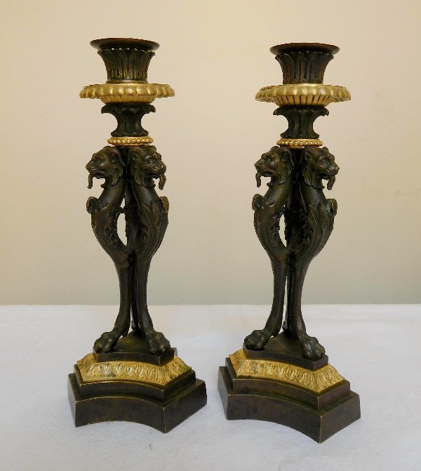 Pair of Empire candlesticks, chimera sculpture, patinated bronze and ormolu, 19th century