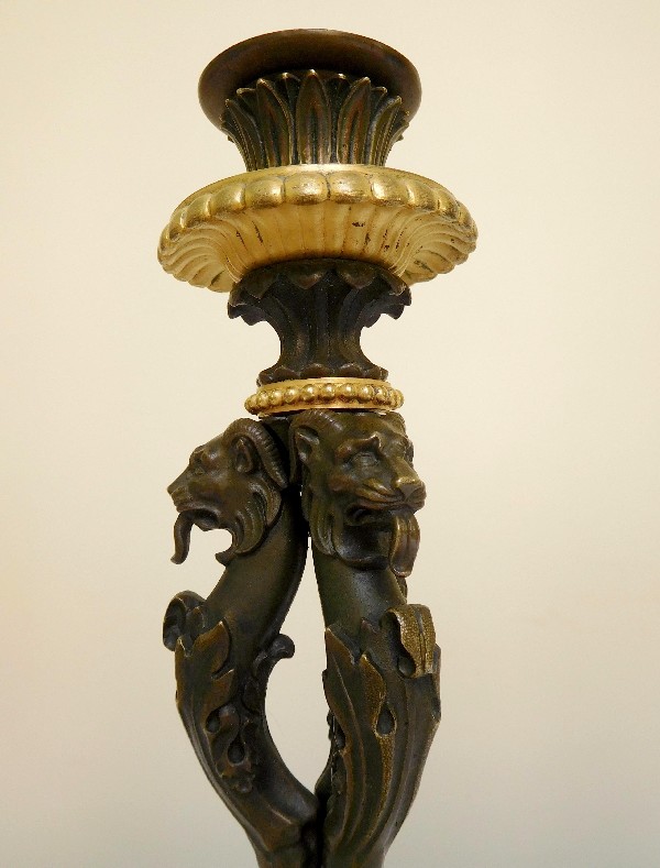 Pair of Empire candlesticks, chimera sculpture, patinated bronze and ormolu, 19th century
