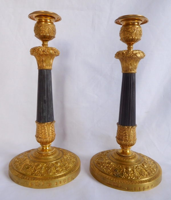 Pair of royal patinated bronze and ormolu candlesticks for Louis-Philippe at Château de Neuilly