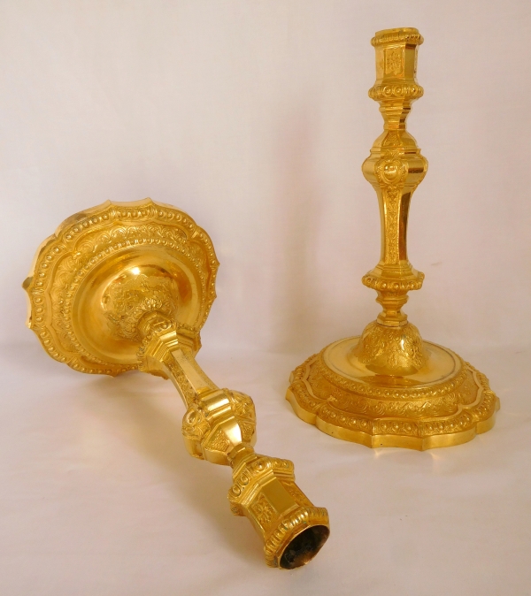 Pair of Louis XIV style finely chiseled ormolu candlesticks