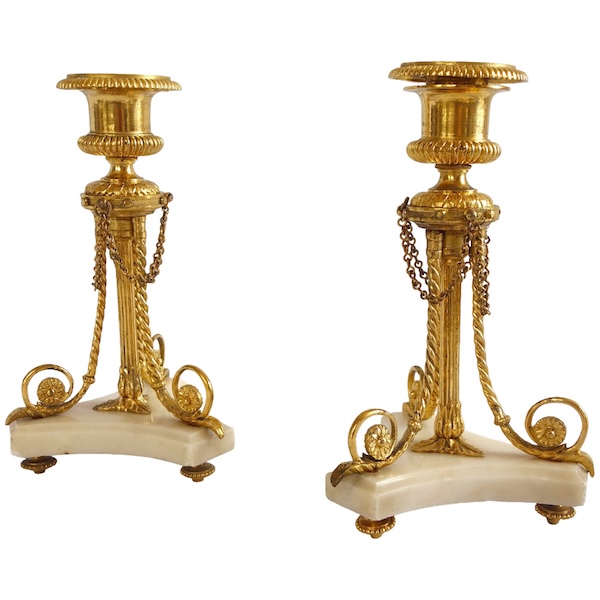 Pair of tripod marble and ormolu Louis XVI style candlesticks