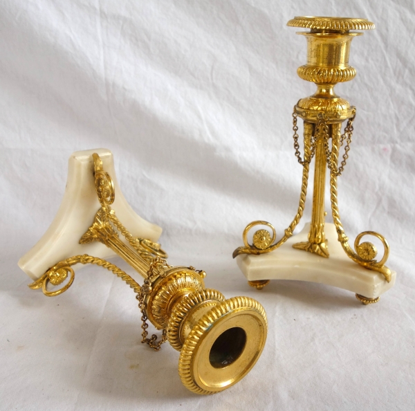 Pair of tripod marble and ormolu Louis XVI style candlesticks