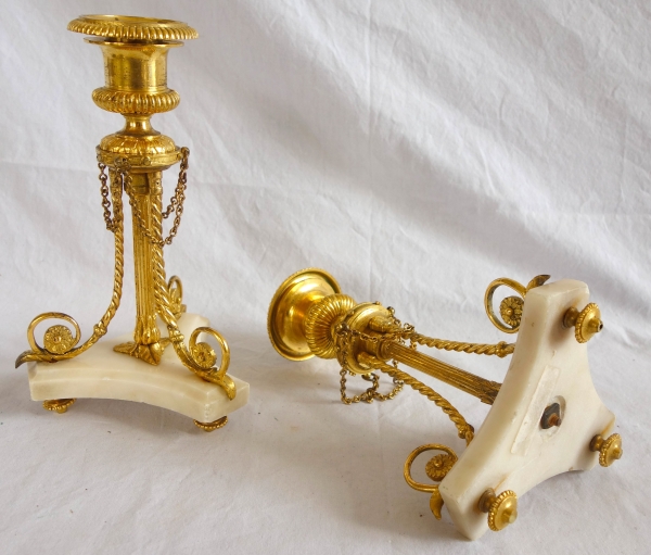 Pair of tripod marble and ormolu Louis XVI style candlesticks