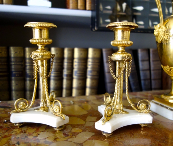 Pair of tripod marble and ormolu Louis XVI style candlesticks