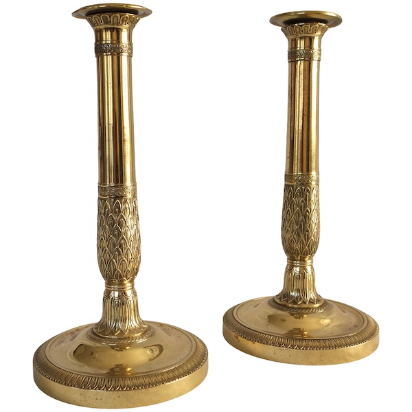 Paire de flambeaux / bougeoirs en canon d’époque Empire Restauration en bronze ciselé - 27,5cm
