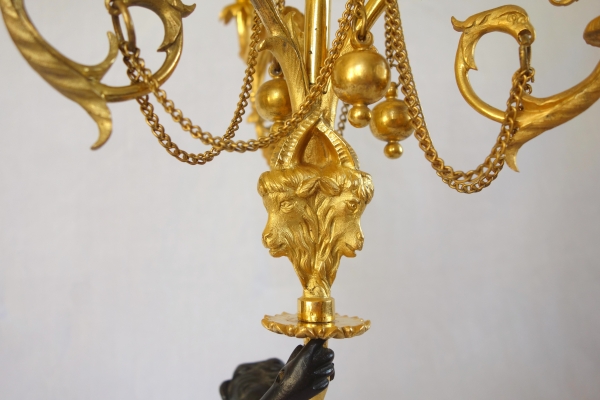 Paire de candélabres en marbre bleu turquin, bronze ciselé & doré au mercure d'époque Louis XVI