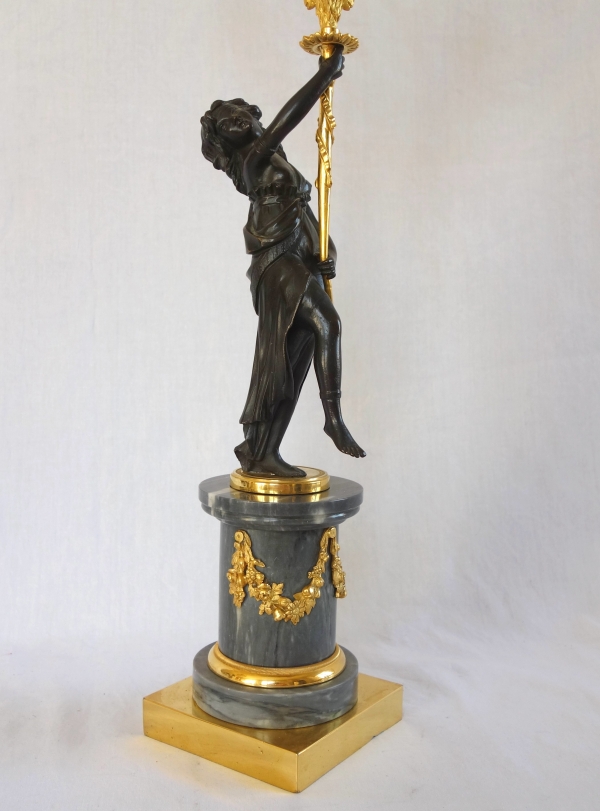 Paire de candélabres en marbre bleu turquin, bronze ciselé & doré au mercure d'époque Louis XVI