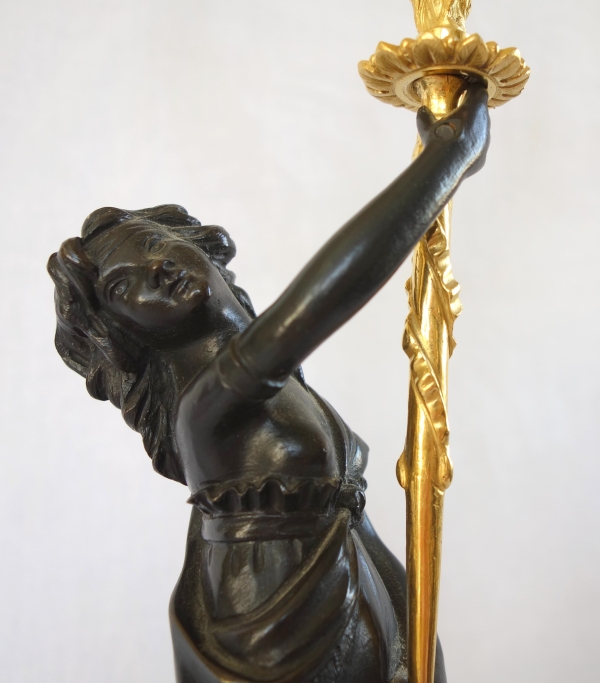 Paire de candélabres en marbre bleu turquin, bronze ciselé & doré au mercure d'époque Louis XVI
