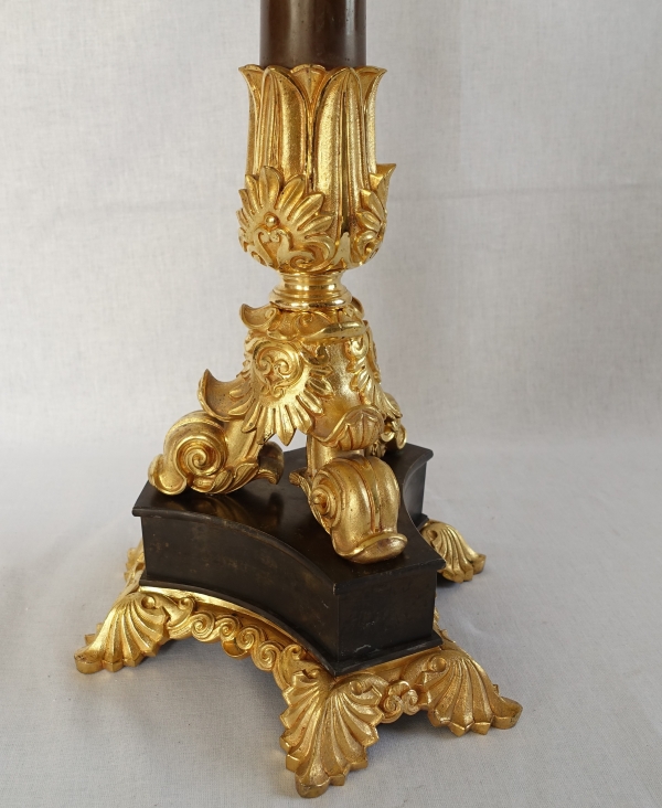Pair of patinated bronze and ormolu candelabras, early 19th century circa 1830