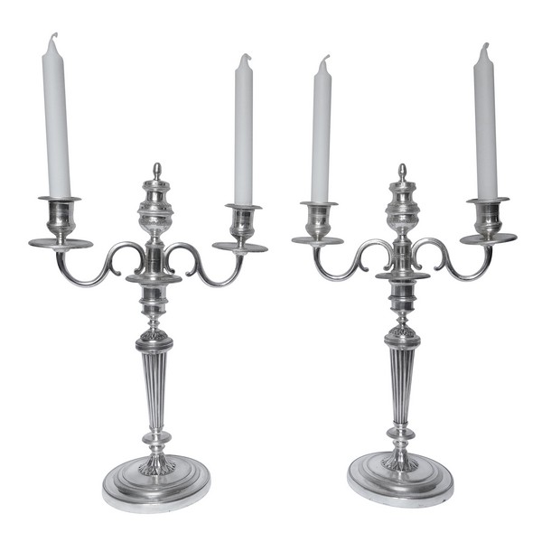 Pair of silver plate bronze candelabras, Fontainbleau candlesticks pattern - early 19th century