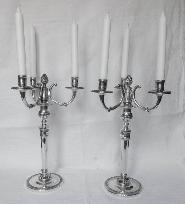 Paire de candélabres de salle à manger, 3 feux, bronze argenté, style Consulat Empire