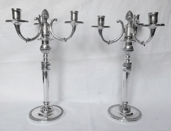 Pair of 3 lights silver plated bronze candelabras, Empire style