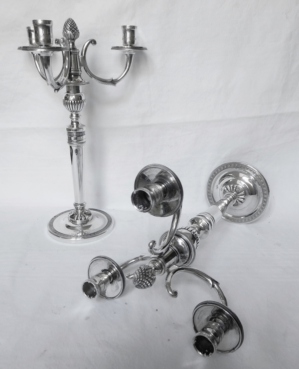 Pair of 3 lights silver plated bronze candelabras, Empire style