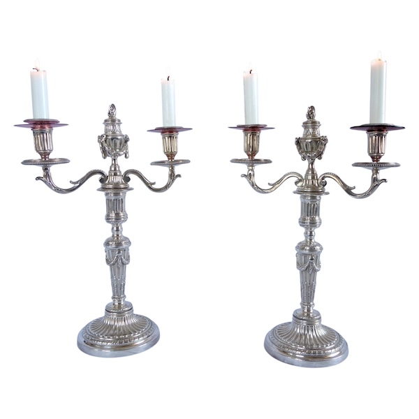 Pair of 3-lights silver-plated Louis XVI candelabras - 18th century