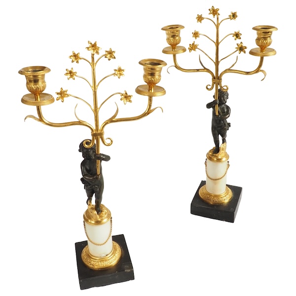 Pair of Empire ormolu, patinated bronze and marble candelabras, 19th century
