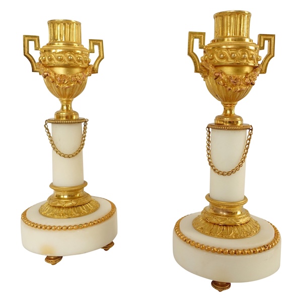 Pair of Louis XVI style ormolu and marble cassolettes - candlesticks