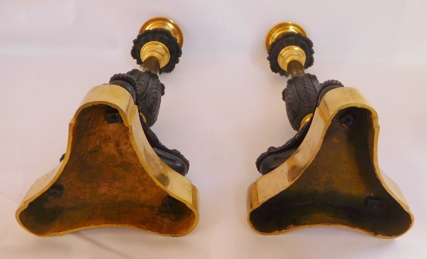 Pair of early 19th century ormolu & patinated bronze candlesticks