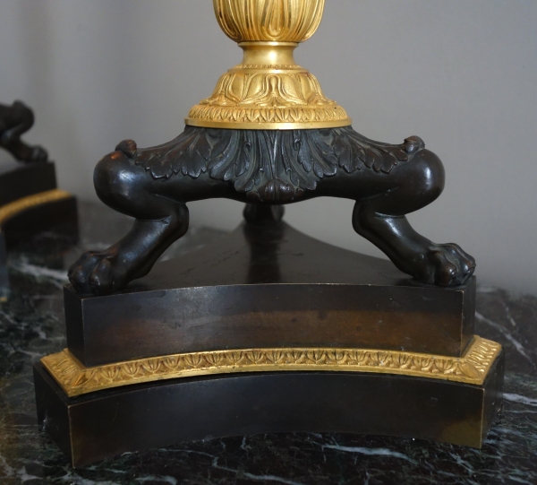 Paire de grands candélabres 6 feux en bronze patiné & doré mercure, époque Empire Restauration
