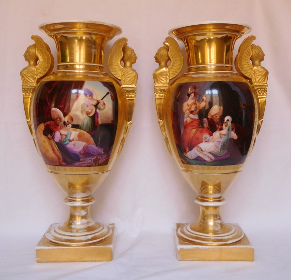 Pair of tall Empire Paris porcelain vases, early 19th century - 43cm